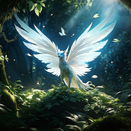 Enchanted Forest A Magical Creature with White Wings Soars Amidst a Mysterious Landscape Enriched by Sunlight Filtering Through Trees and Bursting with Life Amongst Small Birds Flyの素材