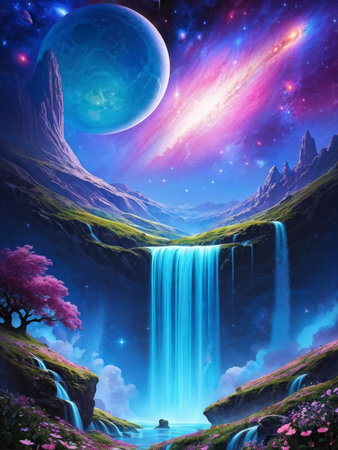 Blue Planet Above a Spectacular Waterfall Vibrant Pink Flowers Bloom Nearbyの素材