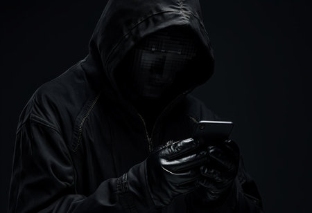 Hooded man in black hoodie using smartphone on dark backgroundの素材