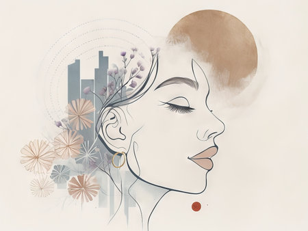 Floral Crown Over City Skyline A Soft Beige Background Illuminated by Orange Circlesの素材