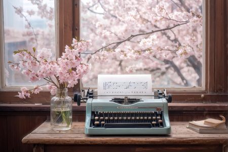 Vintage Typewriter and Blossoming Garden Scene A Picture from Springtime Pastの素材