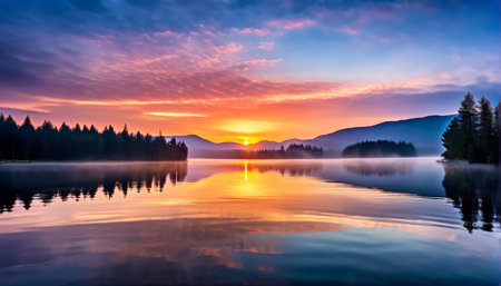 Misty Sunrise Over Serene Waters A Tranquil View of an Island Lakes Dawnの素材