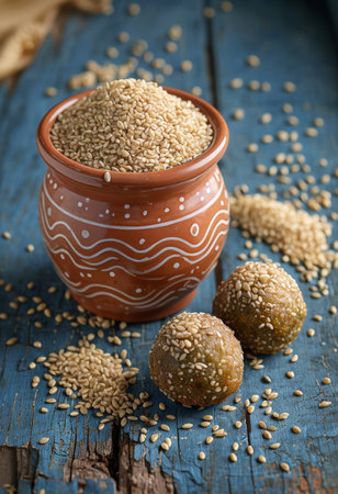 Artistic Blue Background Clay Pot with Sesame Seeds and Topped Round Food Items on Wooden Plank A Delightful Sesame Snack Displayの素材