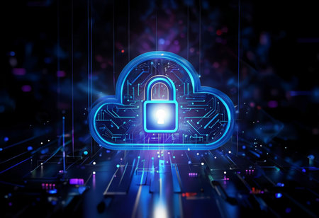 Digital Shield A NeonCircuit Cloud Illustration Emphasizing Cybersecurity and Data Protection Technologyの素材