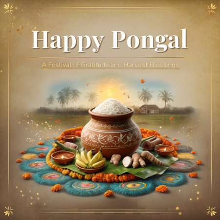 Happy Pongal A Celebration of Harvest Blessings and Traditional Elements in Rural Tamil Naduの素材