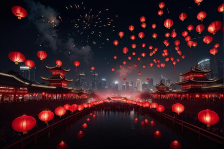 Journey Through Traditional Chinese Festivities A Nighttime Celebration Amidst Floating Lights and Red Lanternsの素材