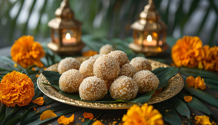 Delicious Diwali Table Setting Golden Sweets and LanternLit Flowers Surrounding Traditional Indian Cuisineの素材