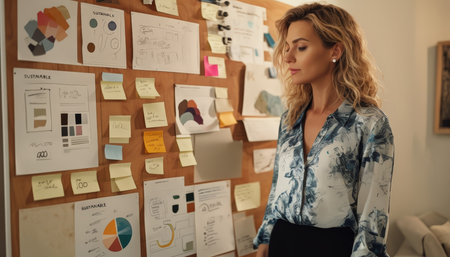 Mindful Analysis A Woman Delving Deep into Information on Display Bulletin Boardの素材