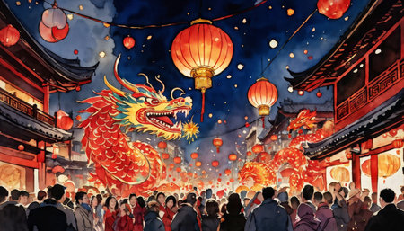 Thriving Night Celebration Colorful Lanterns and Dragon Decorations Illuminate Festive Ambianceの素材