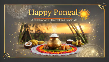 Happy Pongal festival of India greeting background with traditional food.の素材