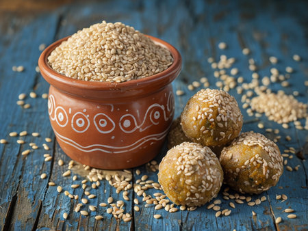 Sesame balls with sesame seeds in clay pot on blue wooden backgroundの素材