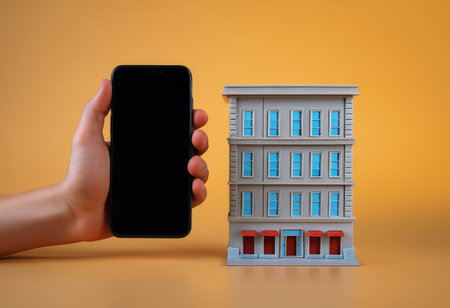 Hand holding smartphone with blank screen and white house model on orange backgroundの素材