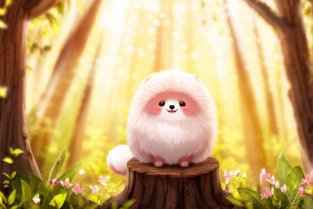 Soft Pink Dog Resting Amongst Bloomed Flowers and Tree Stumpsの素材