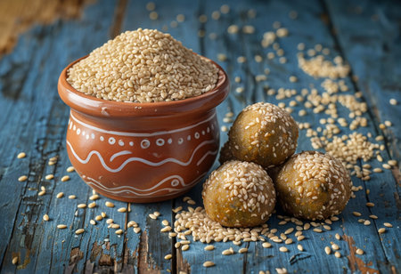 Juxtaposing Warmth and Coolness An Earthy Refined Ceramic Bowl Encompassing Sesame Seeds in a Blue Wooden Settingの素材