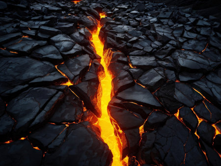Vivid Molten Lava Flow Through Dark Cracked Rocks A Dramatic Visual of Natures Intense Heat and Powerの素材
