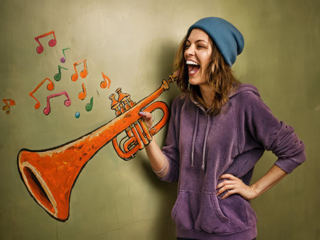 Echoes of Joy A Vibrant Portrait of Playful Musician Amidst Earthy Green Backgroundの素材