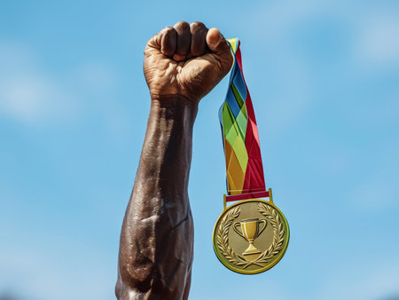 Clasped Gold Glory A Medallion Awarded for Achievement in a Clear Blue Sky Backgroundの素材