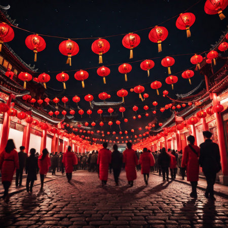 Red Lanterns and Stone Paved Streets A Nighttime Celebration of Chinese Cultureの素材
