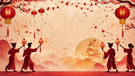 Red Lanterns Illuminate Festive Celebrations Amongst Asian Womenの素材