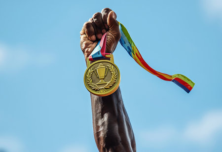 Champions Triumph A Magnificent Gold Medal Held High Against the Sky, Emblem of Victory in Bronze Glory and Laurel Wreath Adornmentの素材