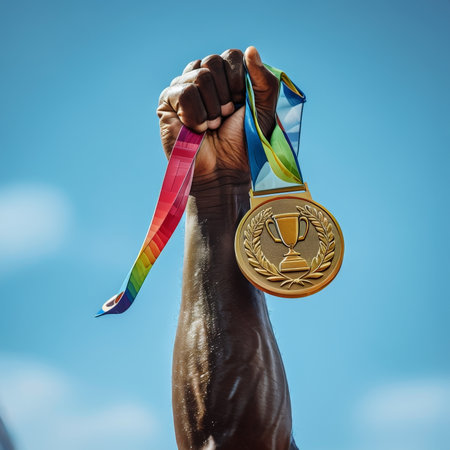 Muscular Hand Clutching Olympic Gold Medal in Clear Blue Sky Background Outdoor Sports Photography Momentの素材