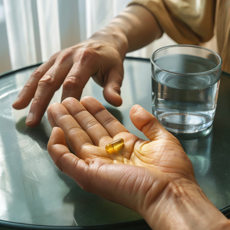 Health Boosting The Handful of Fish Oil Capsules and Its Surrounding Waterside Settingの素材