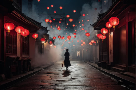 Streetscape Illumination A Marvelous Display of Red Lanterns Overcrowding the Urban Skiesの素材