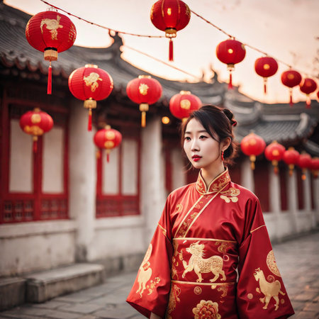 Traditional Lantern Festival Celebrations A Young Woman in Traditional Chinese Dress Adorned with Red Lanternsの素材