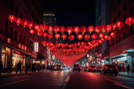 City Street At Night A Symphony Of Lights And Culture As Red Lanterns Illuminate Asian Buildings In TrafficInduced Darknessの素材