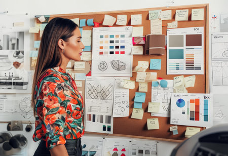 Interior Design Inspiration A Womans Desk Display Featuring Color Swatches, Geometric Shapes, Sketches, and PostIt Notesの素材
