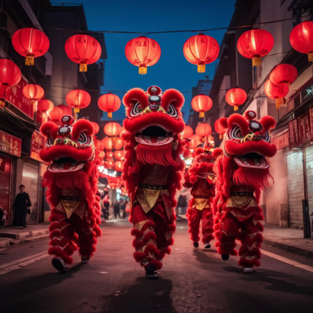 Chinese New Year Lantern Festival Vibrant Red Lights and Lion Costumes Illuminate Traditional Street Celebrationsの素材