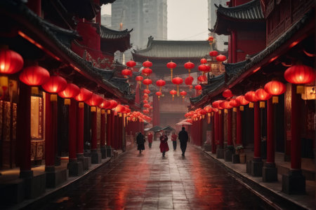 Rainy Night Street Scene Red Lanterns Hanging Over Wet Pavement as People Walk in Foggy Rainの素材
