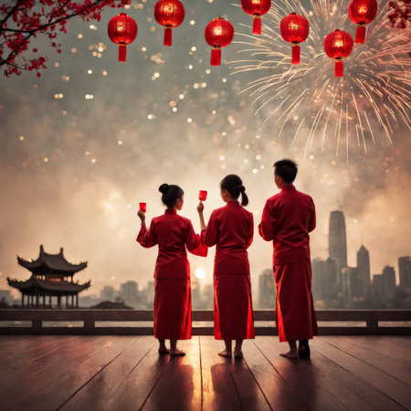Red Lanterns and Fireworks A Vibrant Celebration of Culture and Tradition Traditional Clothing and Lanterns Overdazzling Night Skyの素材