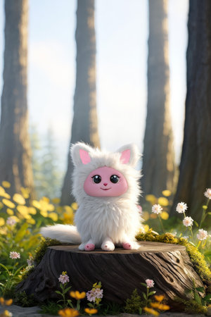 Sunlit Serenity A Fluffy Bunny Rests Among Wildflowers in an Enchanted Forestの素材