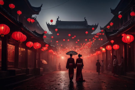 City Lights A Nightwalk Through Time Red Lanterns Illuminating Traditional Architecture in the Urban Canvasの素材