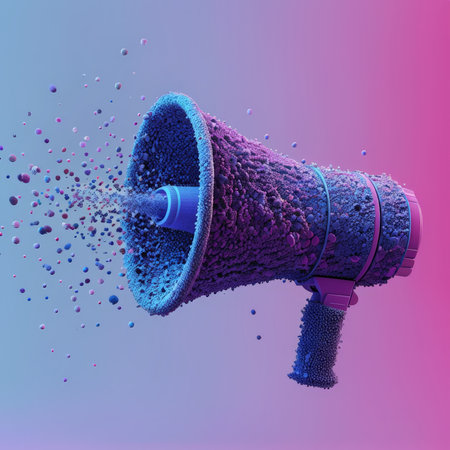 Dynamic Vibrancy An Abstract Artwork Featuring Geometric Shapes, Flying Objects, and HighGloss Finishes Emanating from a Megaphone Emitting Spheresの素材