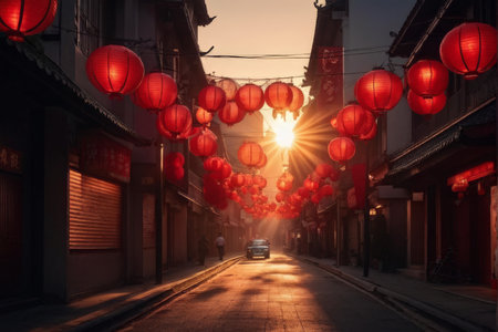 Red lanterns in a street of an old town in China.の素材