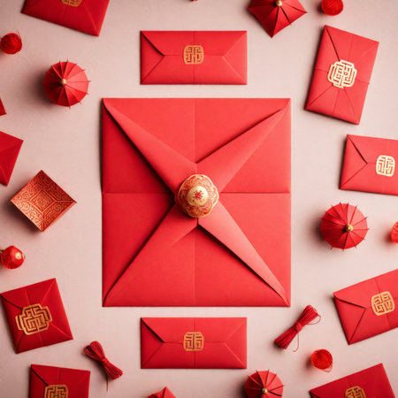 Red Envelopes and Gold Seals Traditional Chinese New Year Decorations Arranged in Festive Patternsの素材