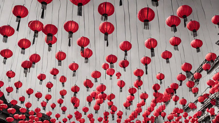 EyeCatching Series of Red Lanterns Hanging Strings in Black White A Simple Yet Elegant Visual Attractionの素材