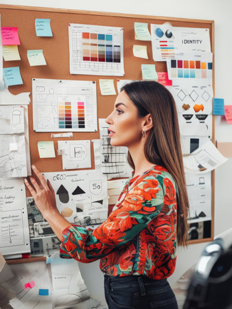 An Intriguing Display of Creativity A Young Woman Delights in Cork Board Designs Featuring Colorful Shapes, Textures, and Personalized Elementsの素材