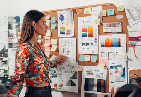 Fashion designer woman working on her designs in the studio sitting on the desk.の素材