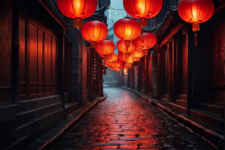 Chinese street with red lanterns at night in Shanghai, China.の素材