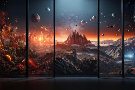 3D illustration of a fantasy landscape with mountains, moons and planetsの素材