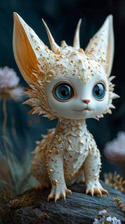 Enchanted Elegance A Surreal Creature with Golden Fur and Expressive Eyes in a Dark Fantasy Landscapeの素材