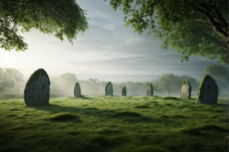 Enchanting Prehistoric Mystery An Ancient Stone Circle Set Amongst Tranquil Trees and Mysterious Fogの素材