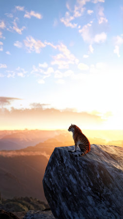 Whiskers Perched atop Majestic Mountain Rock A Captivating Portrait of Feline Majestyの素材