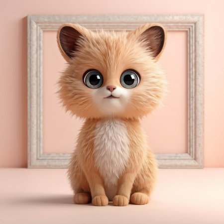 Adorable Fluffy Kitten with Large Eyes Resting Serenely on Pink Surface, Captured in Warm and Soft White Background Photographyの素材
