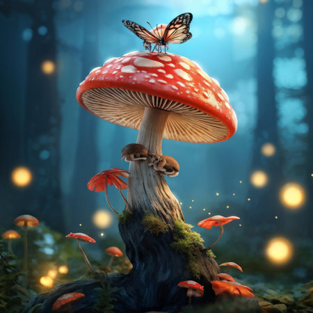 Enchanted Mystique A Symphony of Mushrooms, Butterflies, and Fireflies in the Enchanted Forestの素材