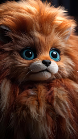 Adorable Orange Kitten Stuffed Toy with Blue Eyes A Soft and Plush Feline in a Dramatic Black Backgroundの素材