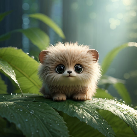 Tiny Furry Wonder Perched on Leafy Greenery An Edgy Animated Image Featuring a Cute KittenLike Creatureの素材